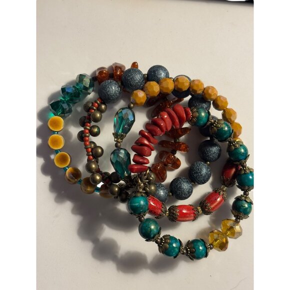 Colorful Multicolor Beaded Elastic Bracelet Set With Turquoise Red Amber & Yello - Picture 5 of 13